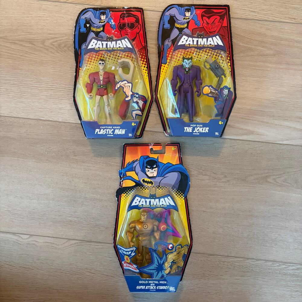 Batman The Brave and Bold DC 3 Action Figures Plastic Man, Joker, Gold Metal Man